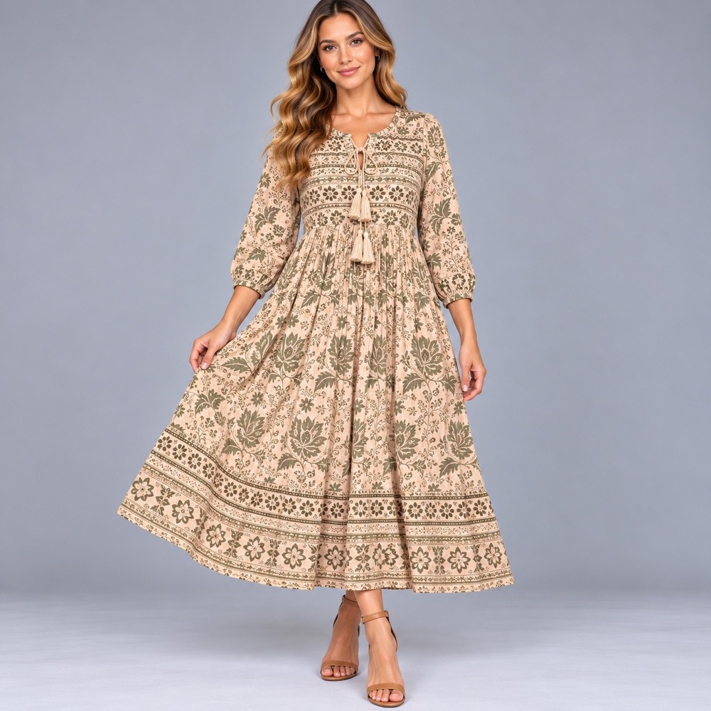 R.Vivimos Midi Dress Women Large Beige Green Floral Boho Tassel Long Sleeve